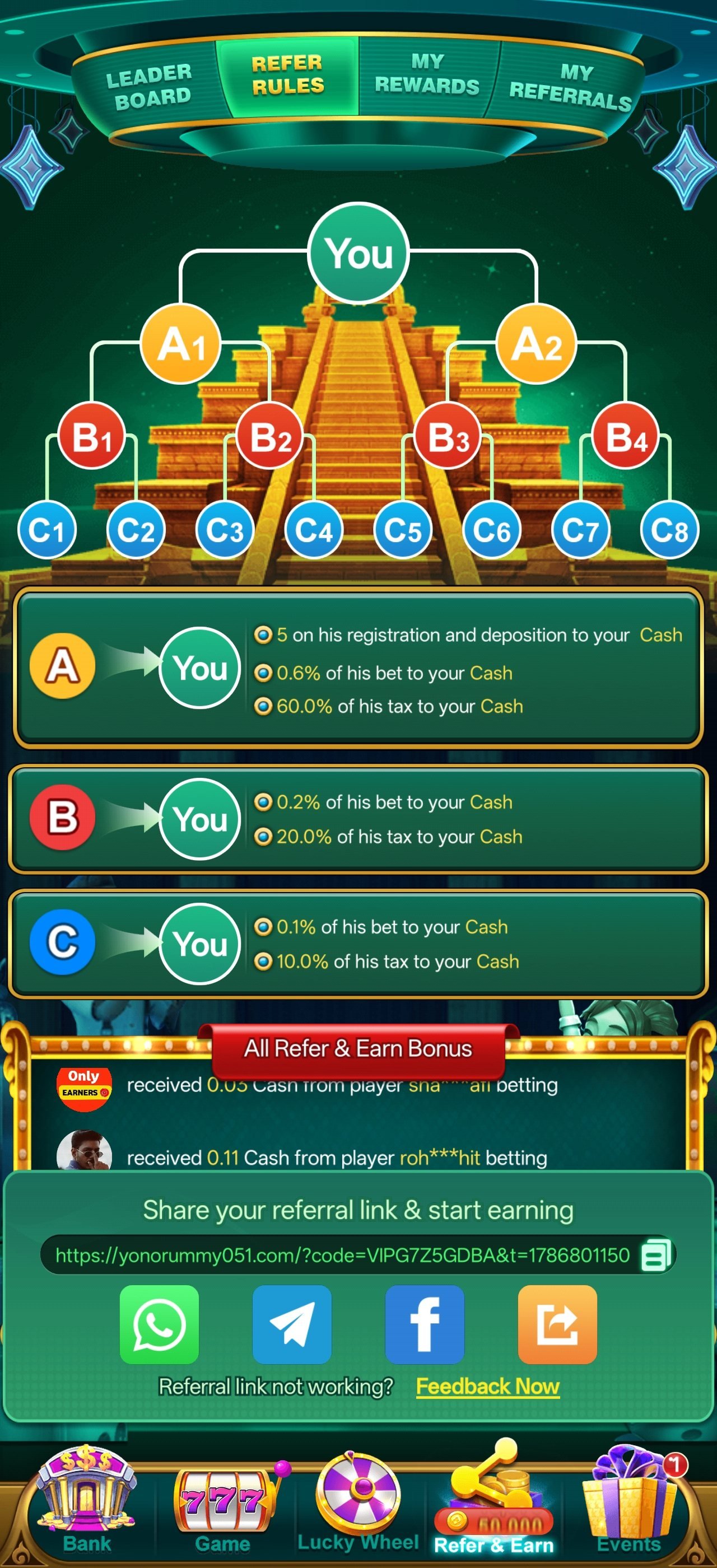 YonoRummy app rewards and promotions screen